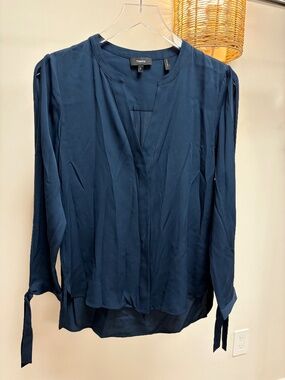 Theory Navy Silk Blouse with Keyhole Sleeve Detail